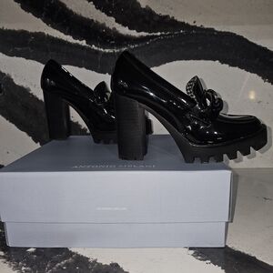 Antonio Melani Black Patent Leather Block Heel Loafers